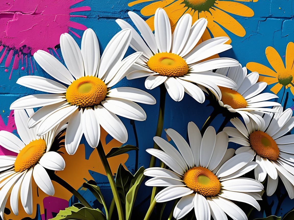 Vibrant Mural of Stylized Daisies on Blue Background