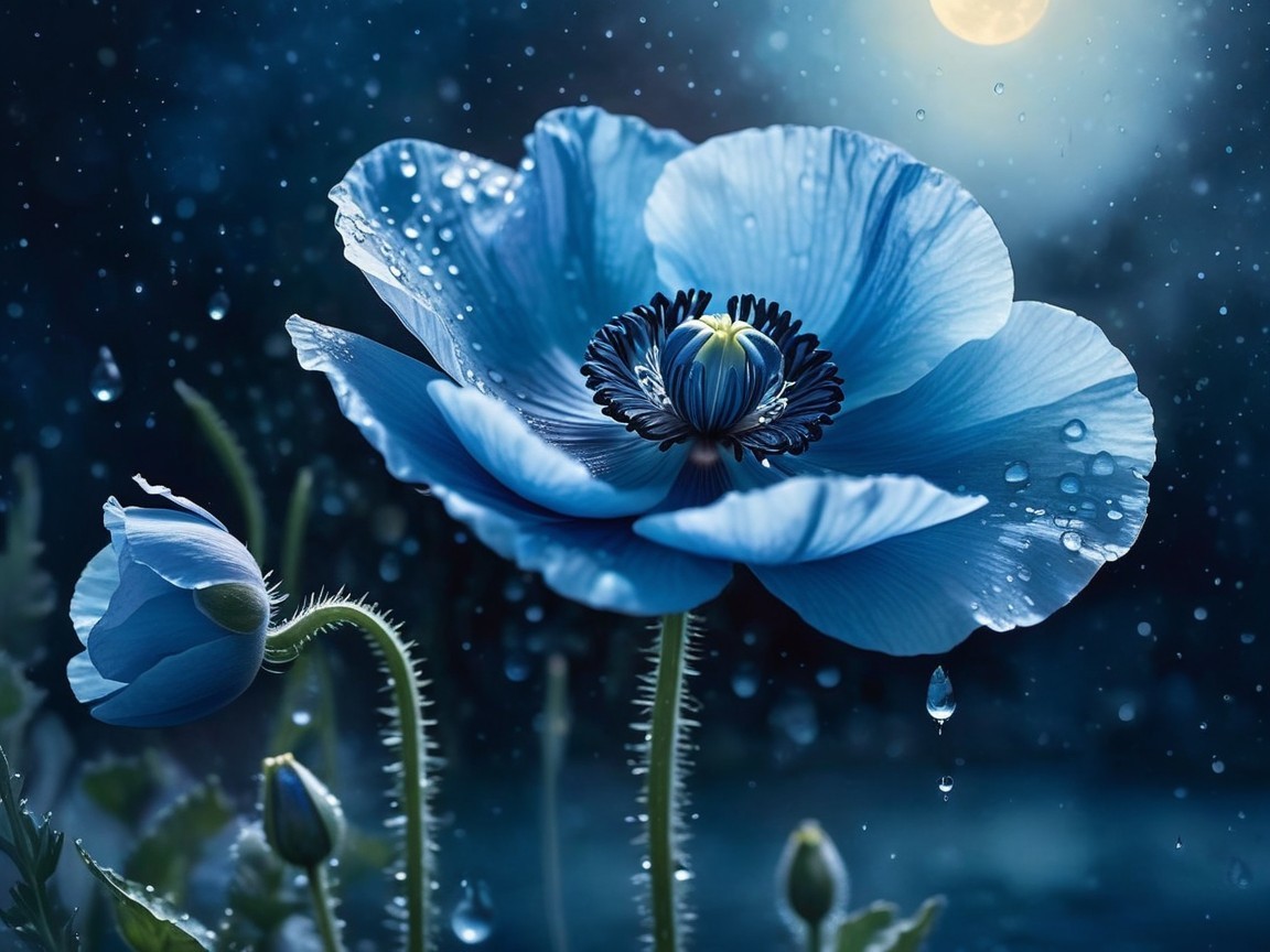 Serene Nighttime Scene with Blue Poppy Flowers