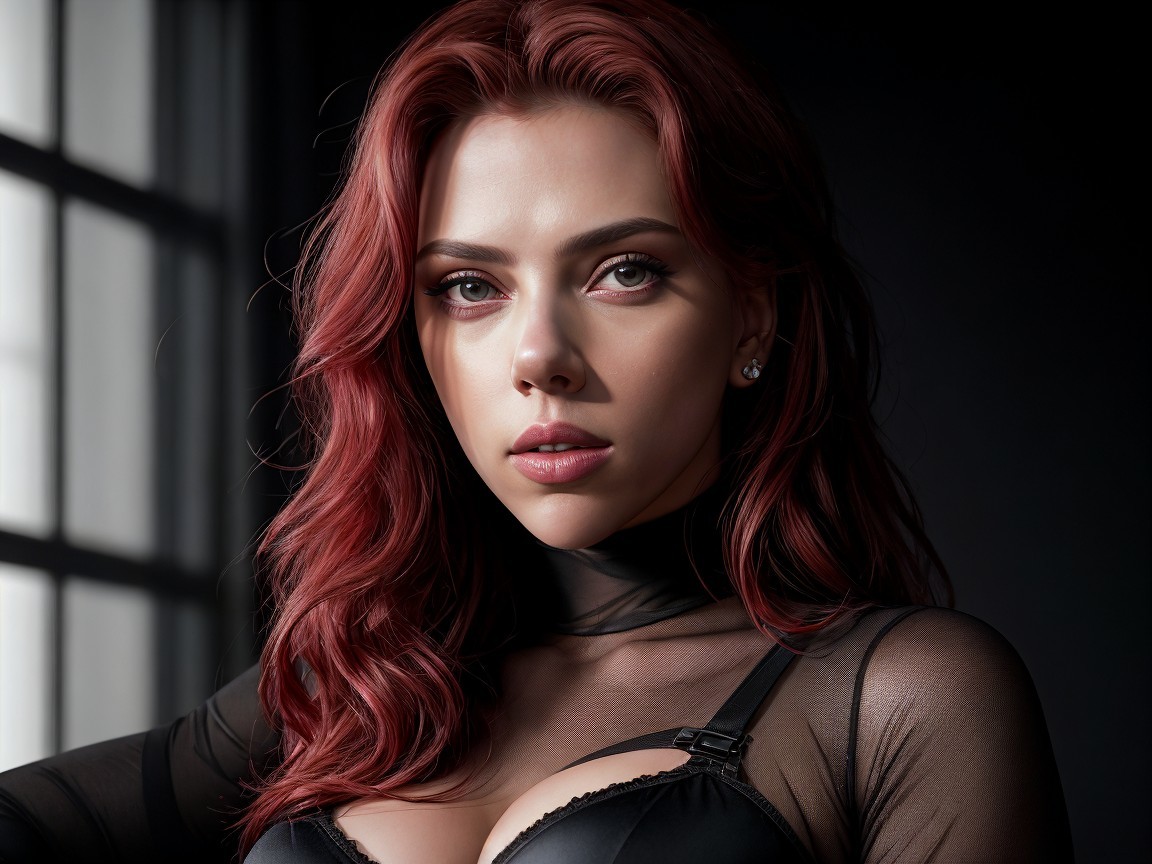 Woman with red hair in soft lighting and lingerie