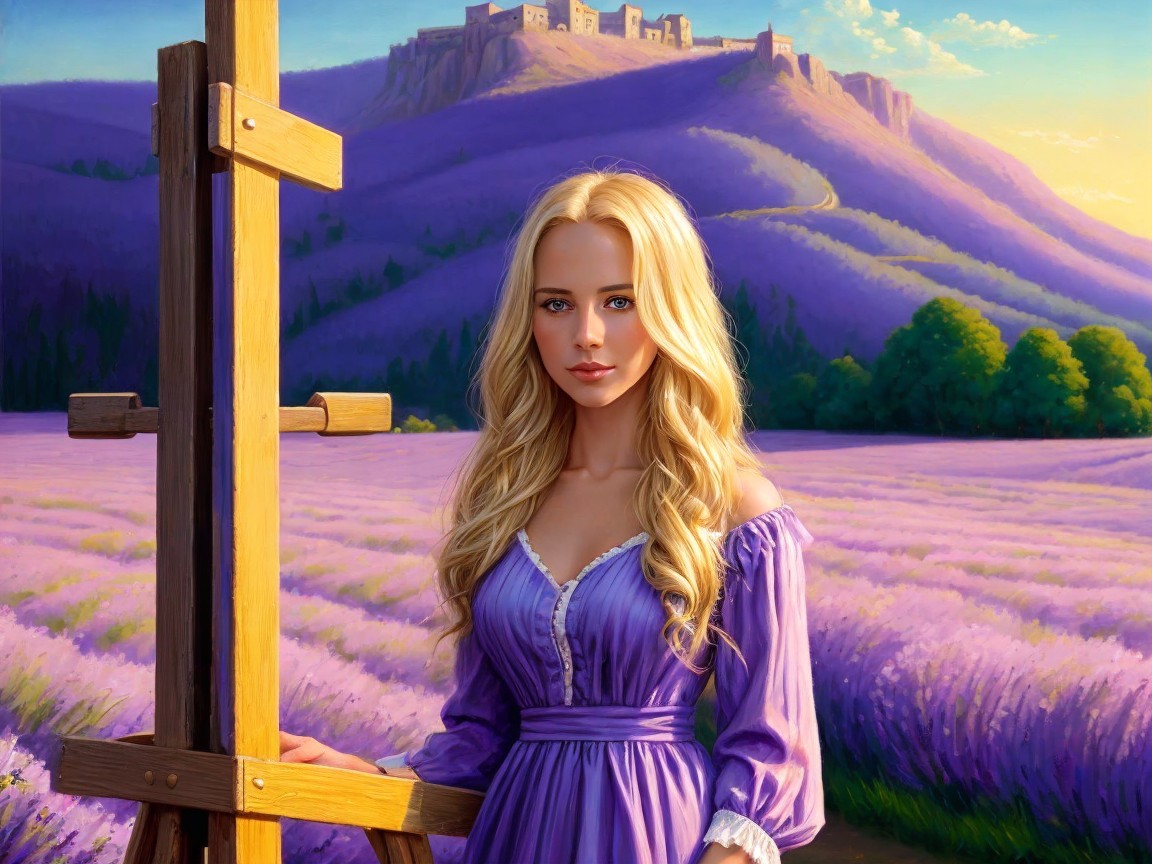 Young Woman in Purple Dress in Lavender Field
