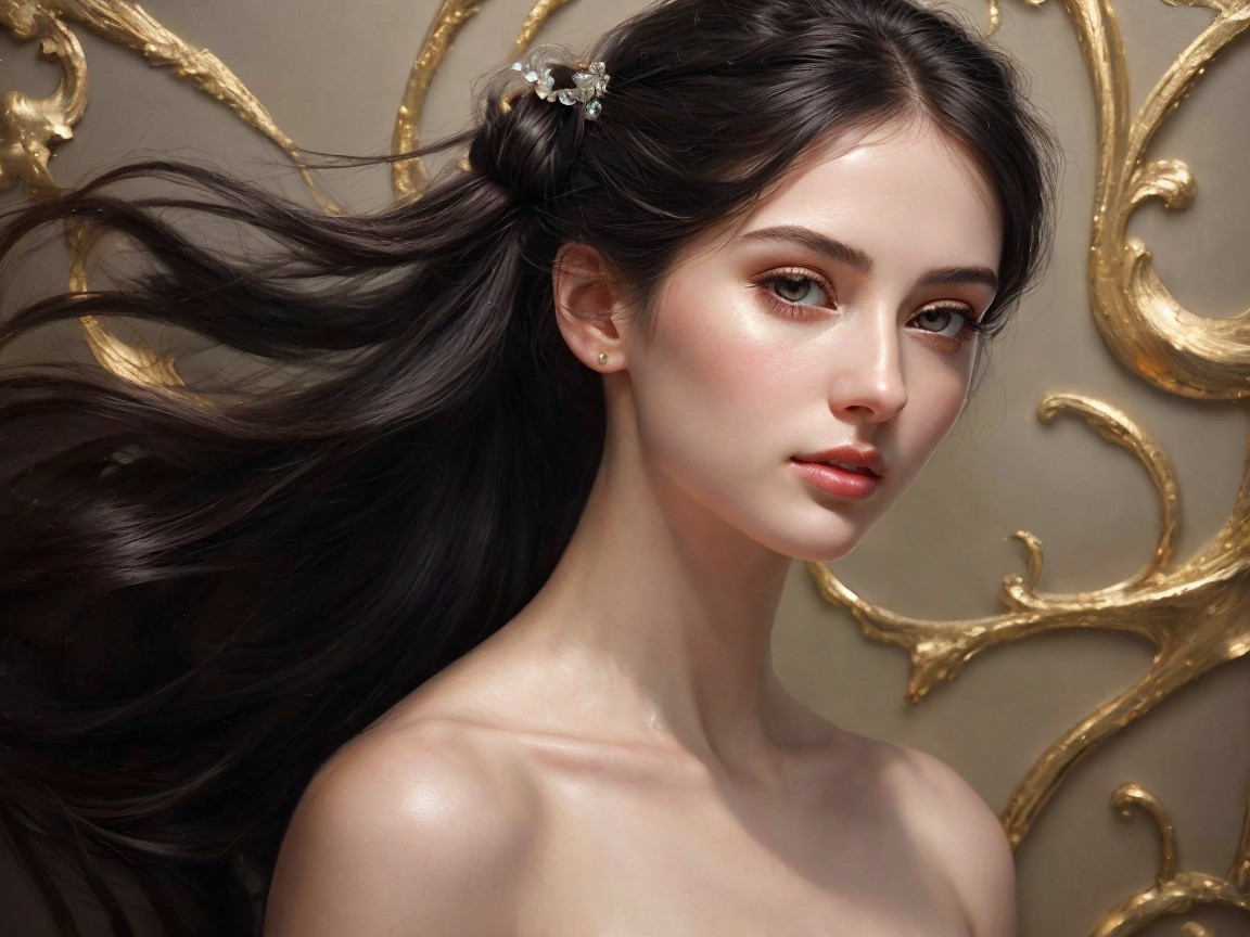 Young Woman Posing Against Ornate Gold Background