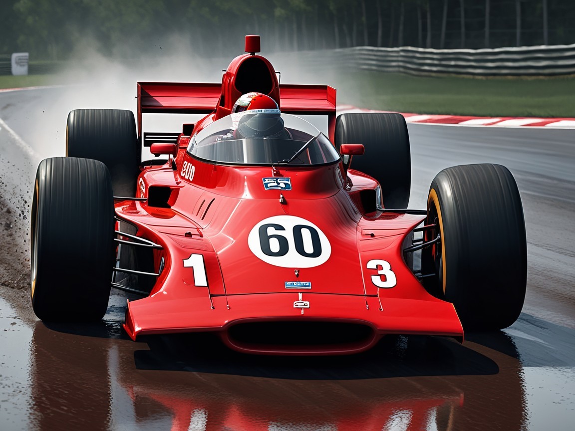 Vibrant Red Racing Car on Wet Circuit with Scenic Backdrop