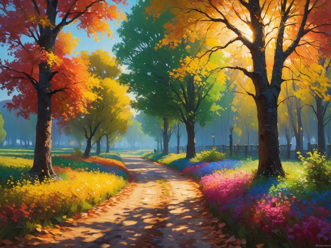 Sunlit Path Through Vibrant Autumn Forest Scene