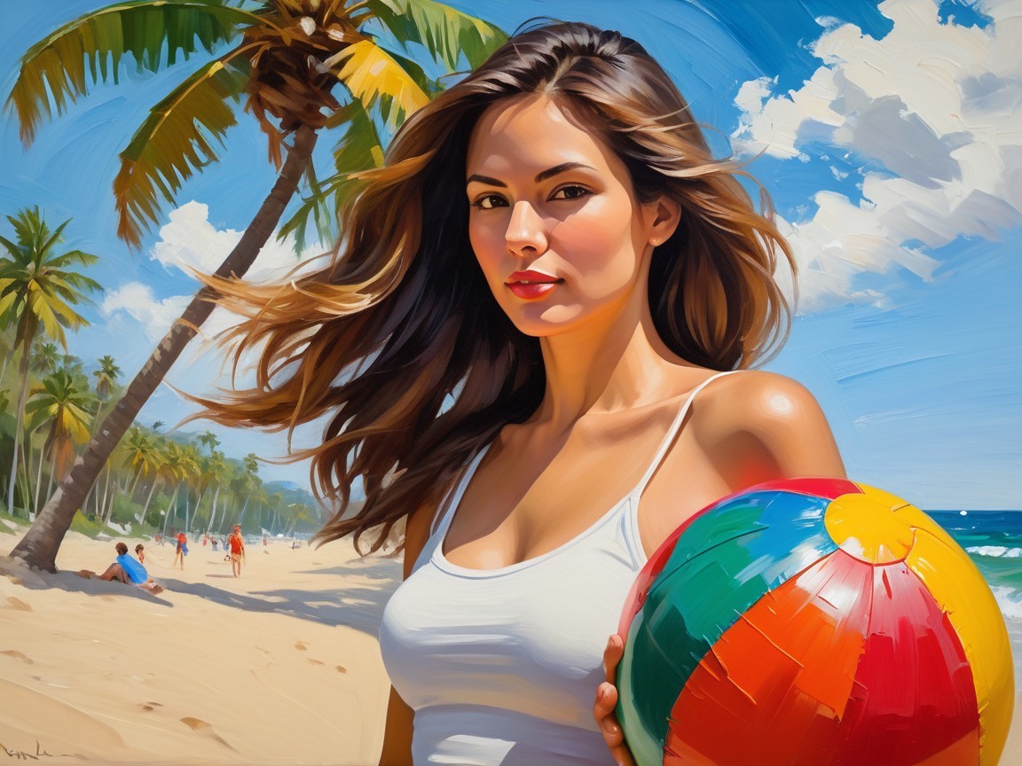 Vibrant Beach Scene with Woman and Colorful Beach Ball