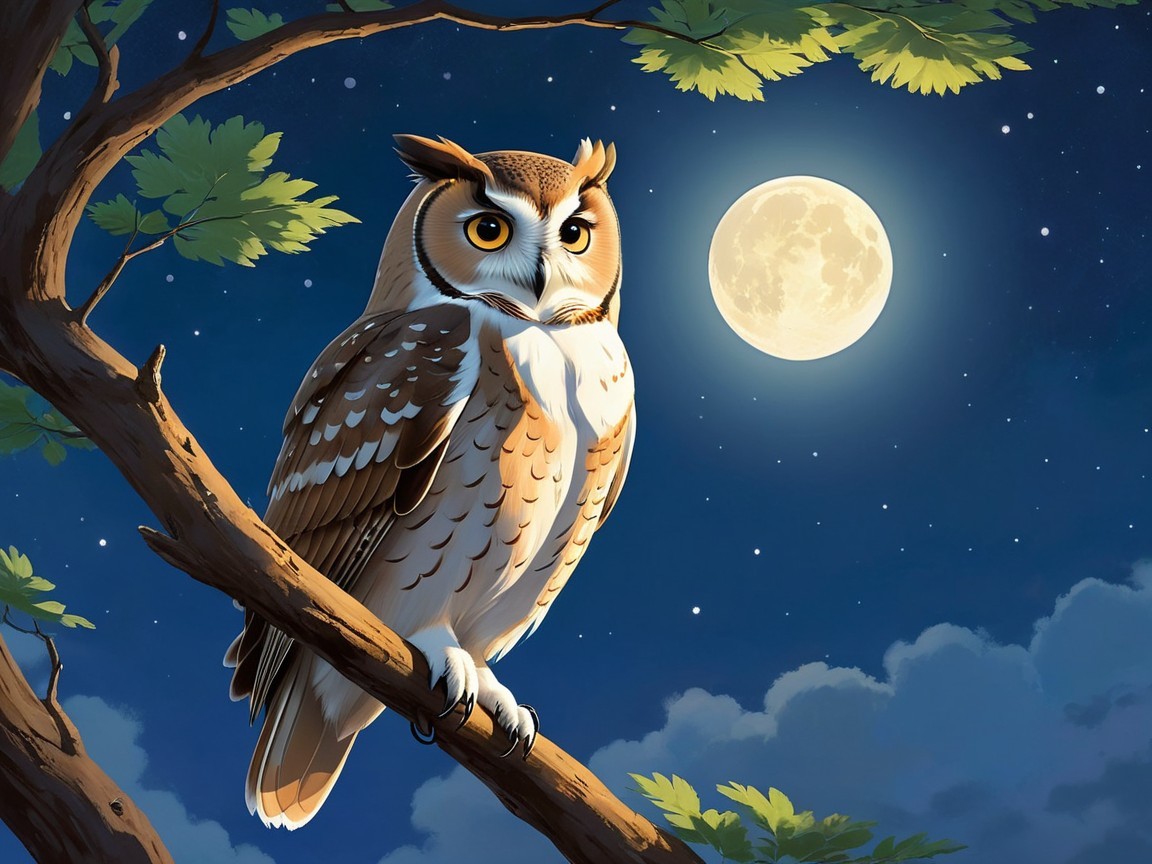 Majestic Owl on Branch Under Starlit Sky