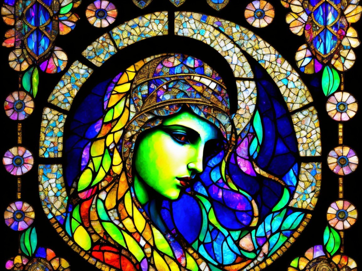 Vibrant Stained Glass Window of a Woman with Leaves