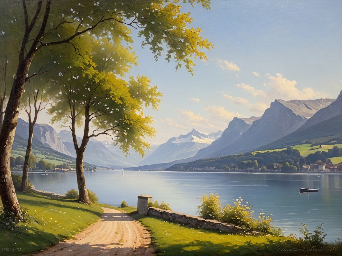 Tranquil Lake Surrounded by Majestic Mountains and Trees