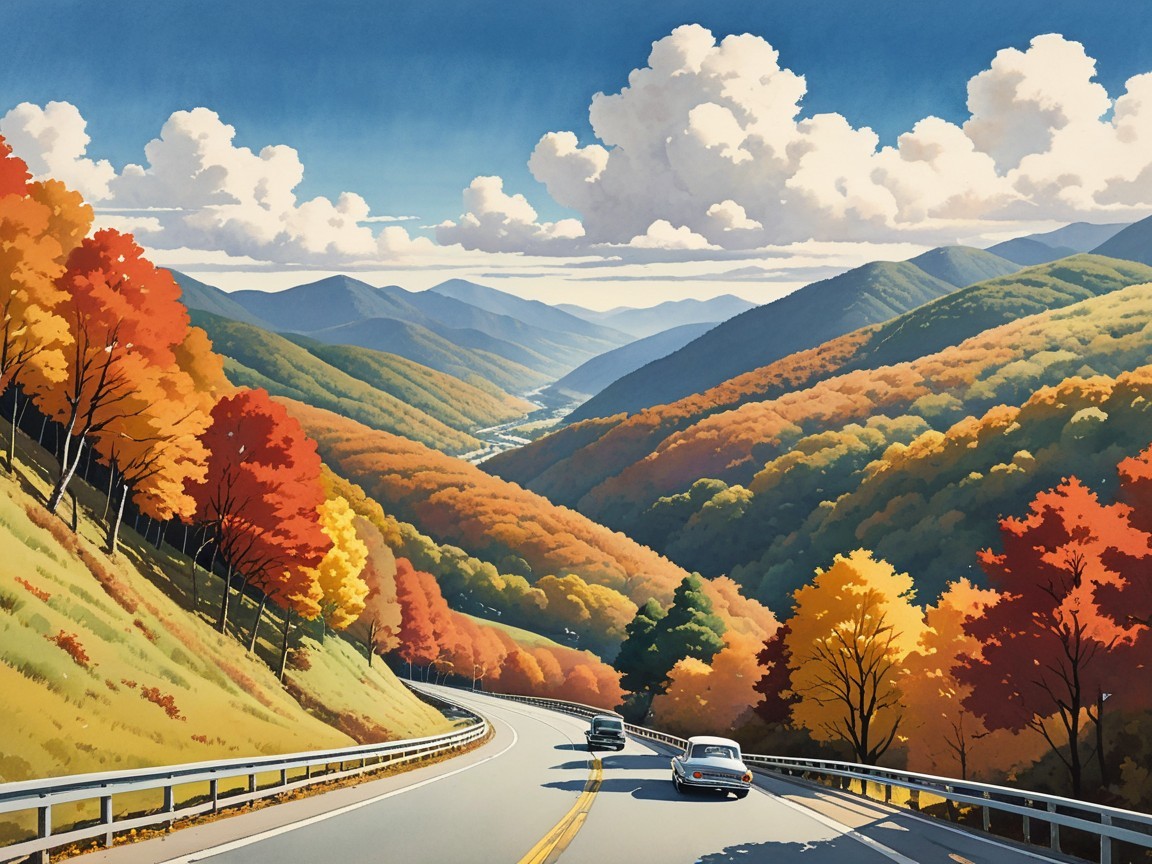 Autumn Landscape with Rolling Hills and Mountains