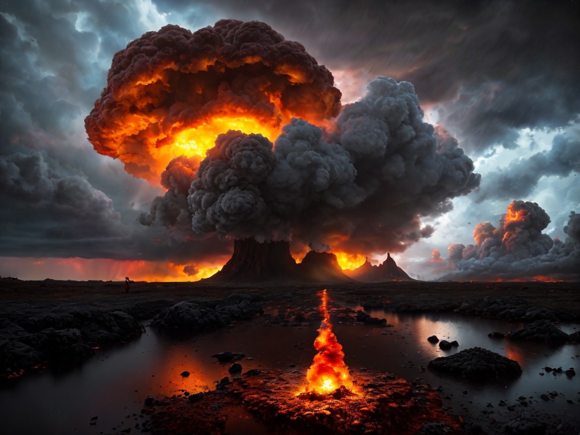 Dramatic Volcanic Eruption with Ash and Lava Landscape