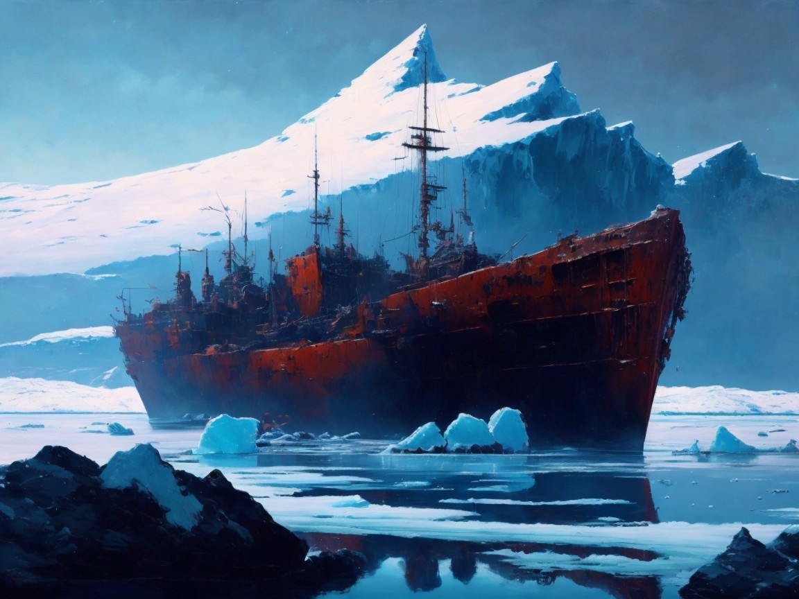 Dilapidated Ship in Icy Waters with Snowy Mountains