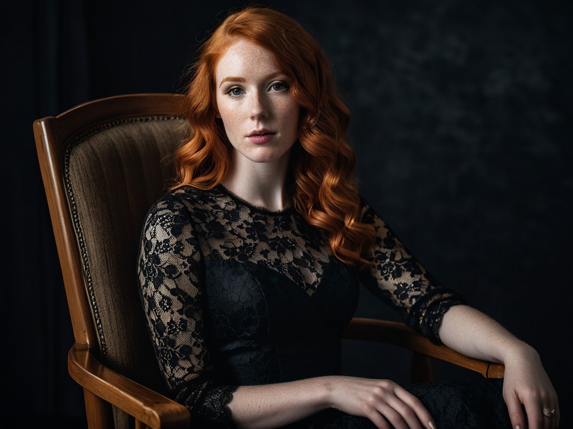 Fair-skinned woman with curly ginger hair in chair