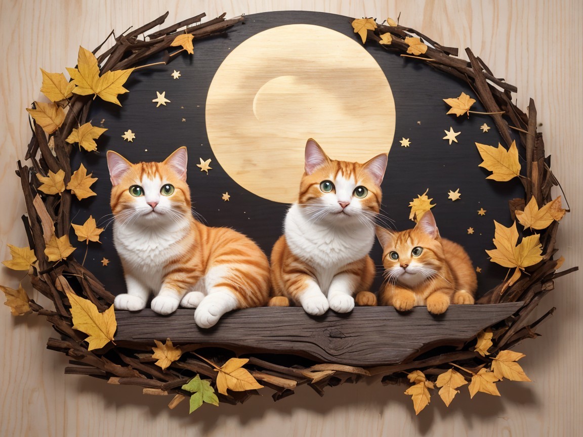 Adorable Orange Tabby Cats on Rustic Branch at Night
