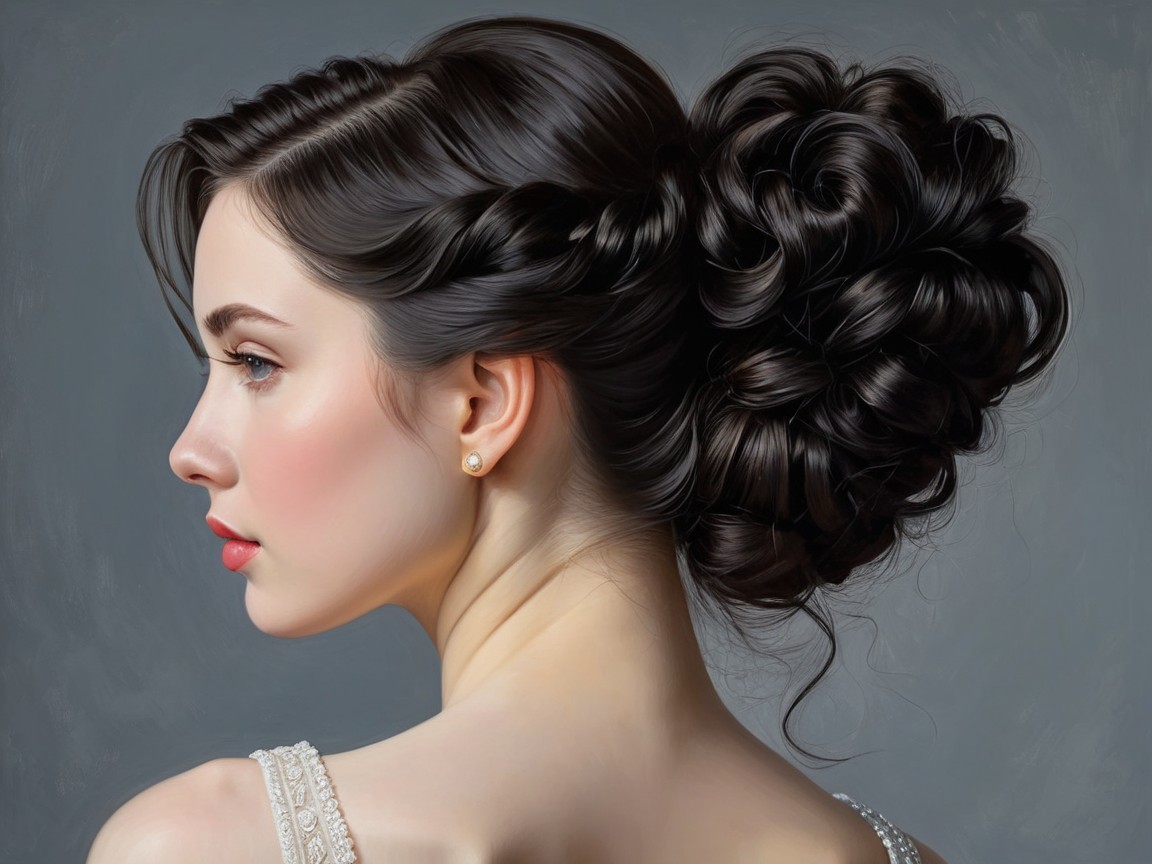 Profile of a Young Woman with Elegant Bun and Pearls