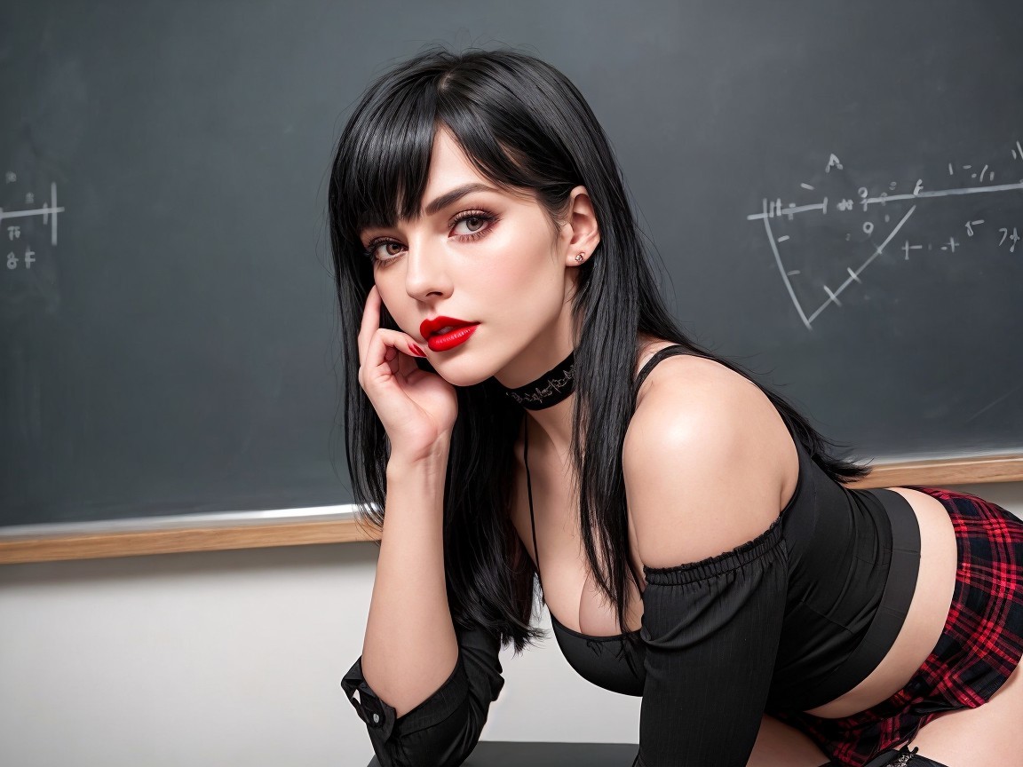 Young woman in classroom with black top and plaid skirt