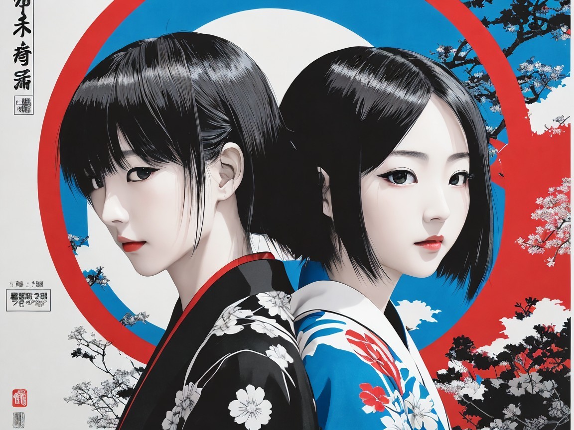 Young Women in Traditional Kimonos with Floral Patterns