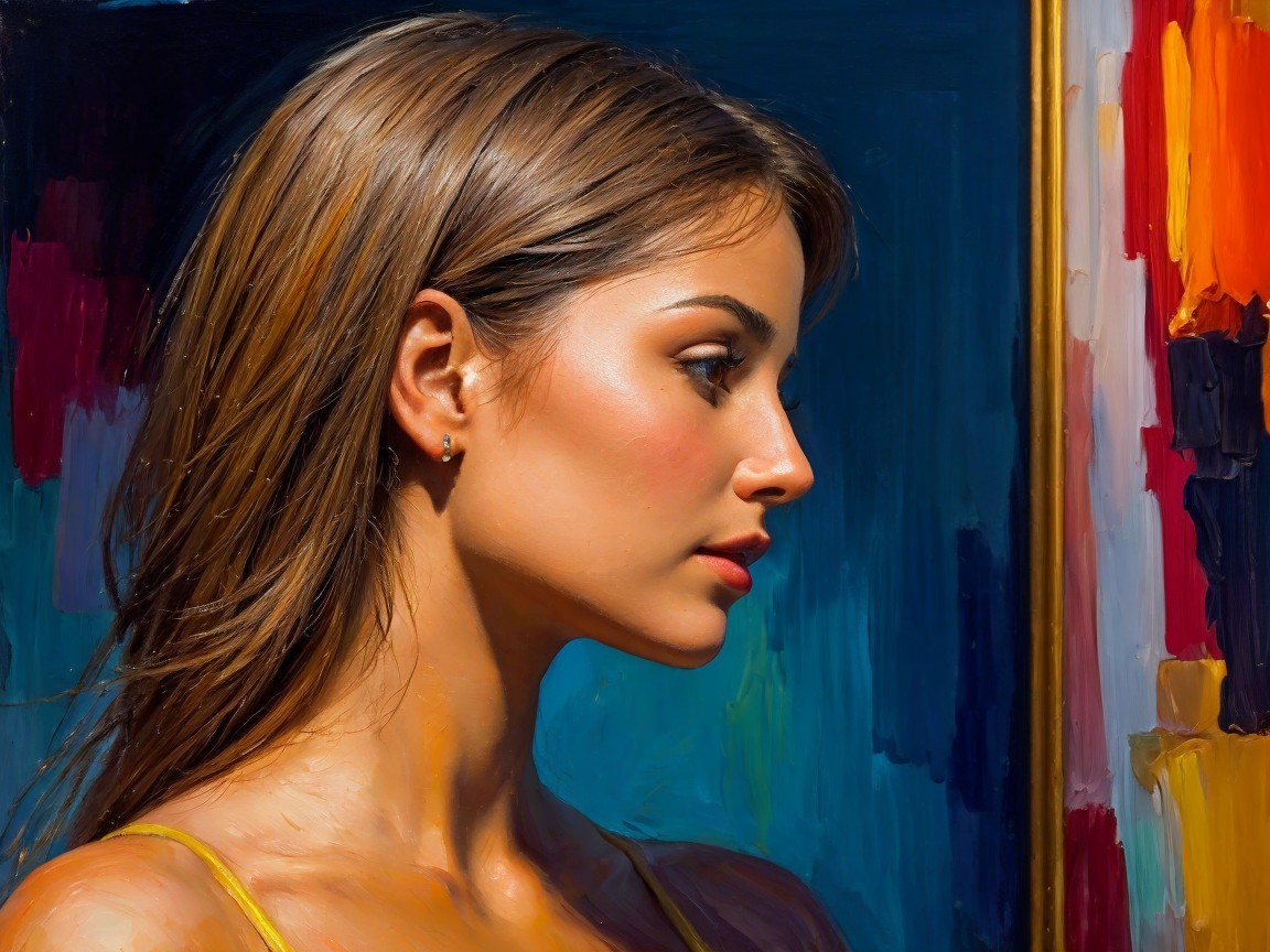 Side Profile of a Young Woman with Vibrant Background