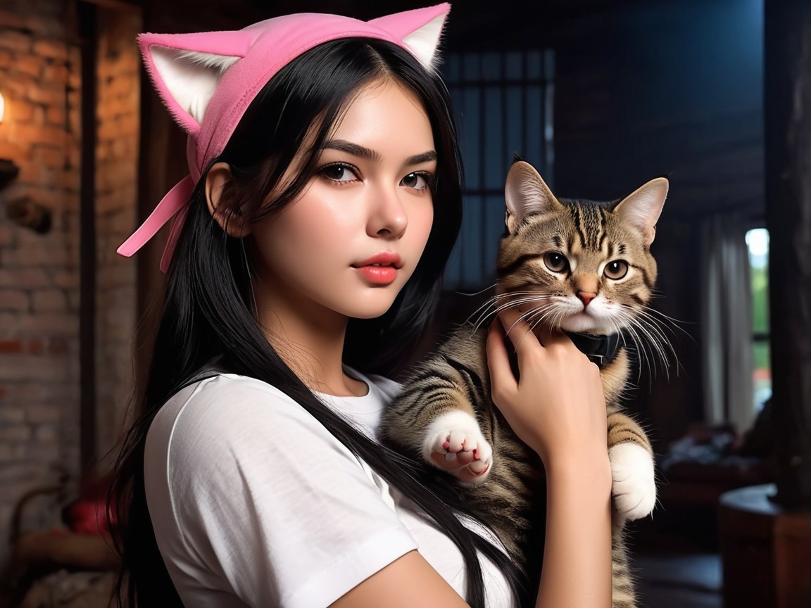 Young Woman with Cat in Cozy Rustic Interior