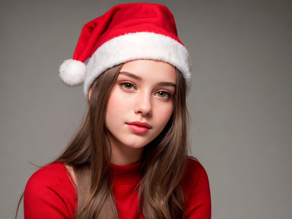 Half-body portrait of a young woman in a Santa hat
