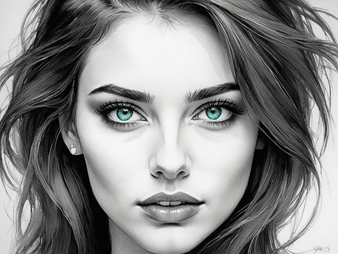 Portrait of a Woman with Turquoise Eyes and Flowing Hair