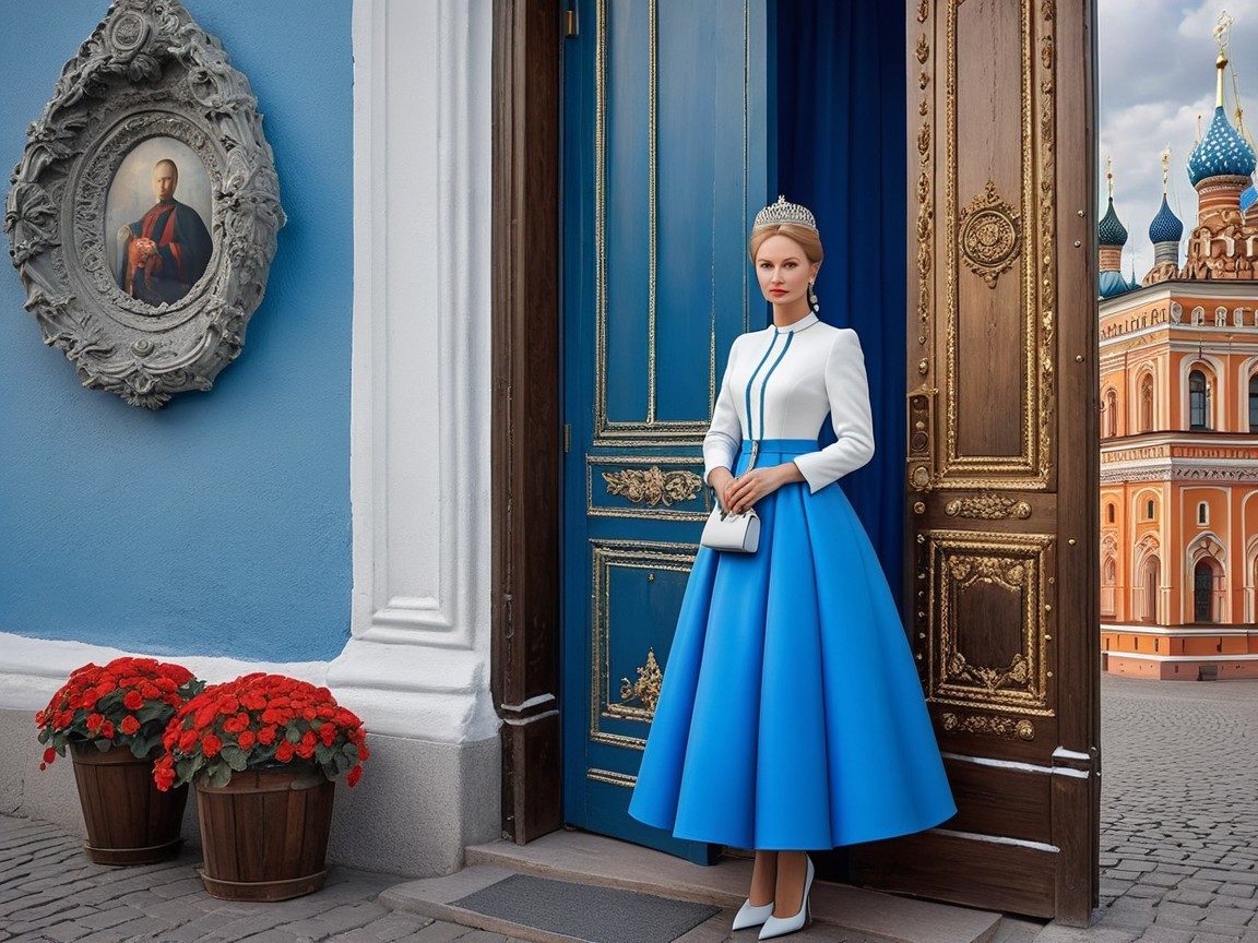 Elegant Woman in Blue Dress at Ornate Doorway