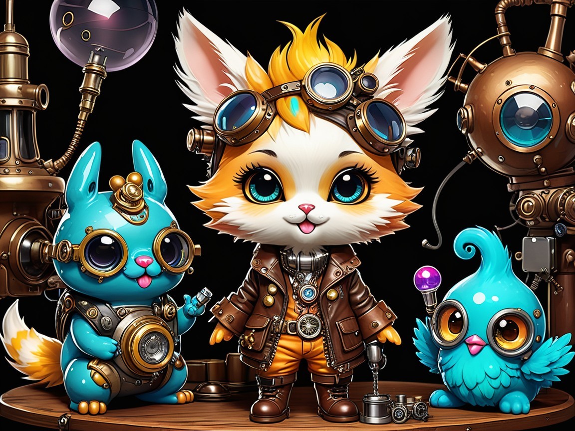 Whimsical Steampunk Scene with Fox, Bunny, and Bird