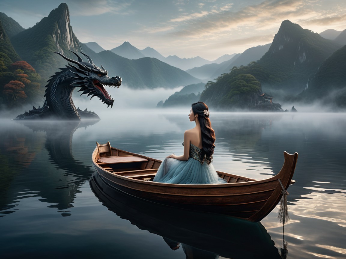 Misty Lake Scene with Woman and Majestic Dragon
