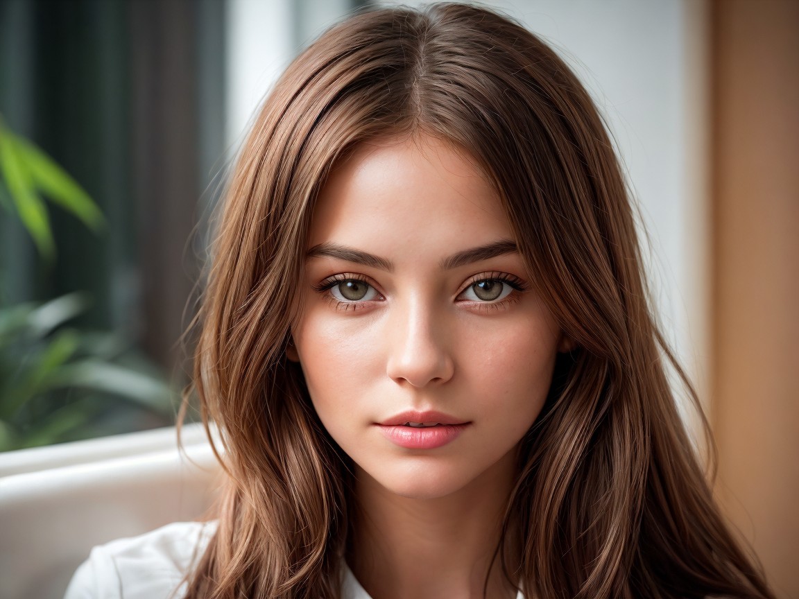 Young woman with brown hair and green eyes in soft light