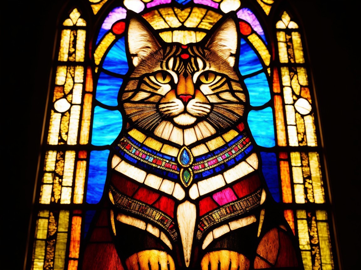 Vibrant Stained Glass Window of a Majestic Cat