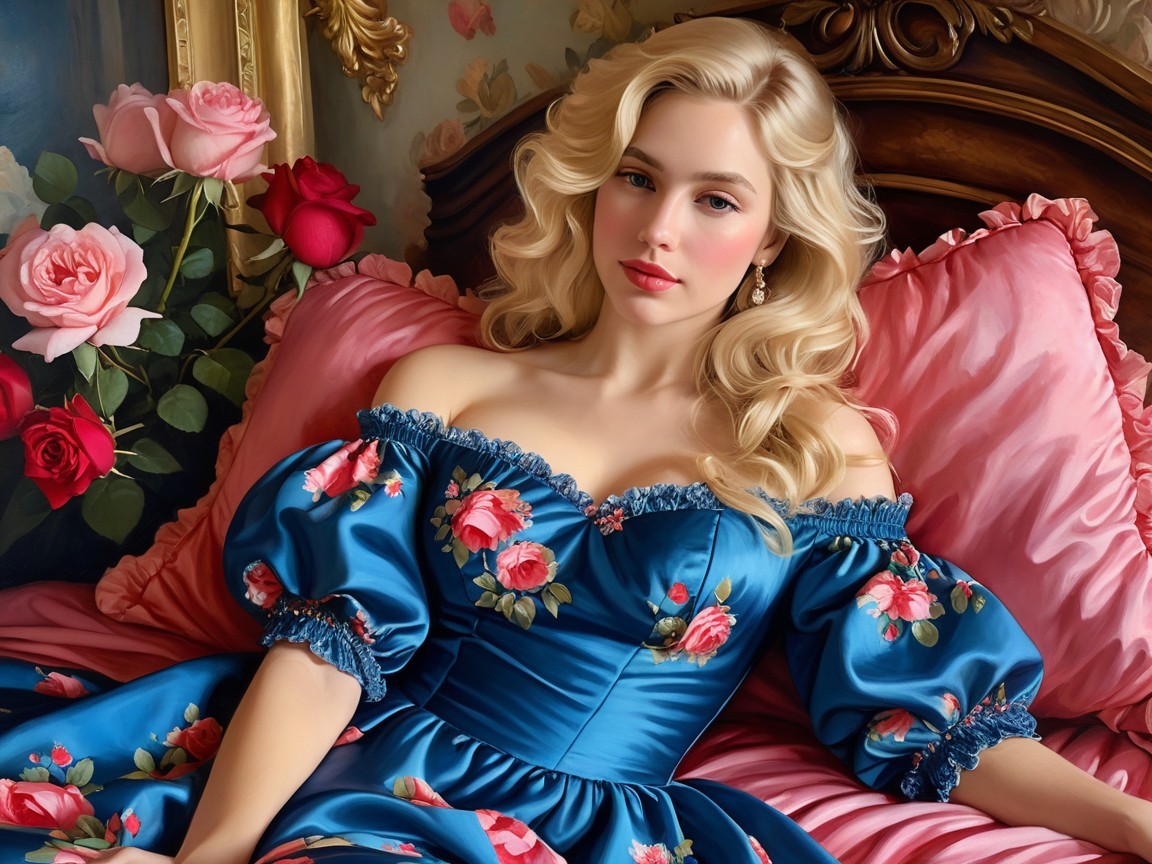 Young woman in blue dress on plush pink bed with roses