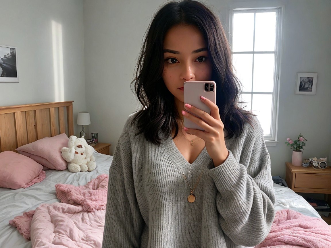 Young woman taking a selfie in a cozy room setting