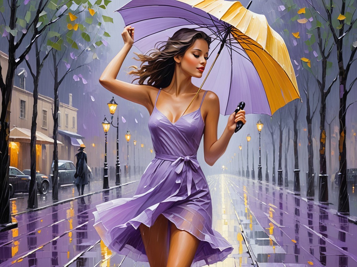 Woman dancing in rain with vibrant umbrella and dress