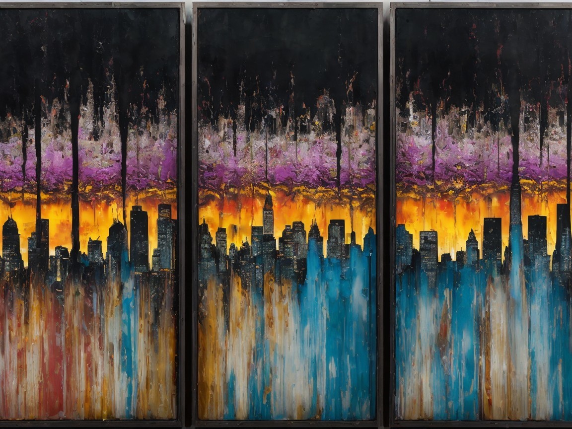 Vibrant Triptych Depicting Abstract Cityscape at Dusk
