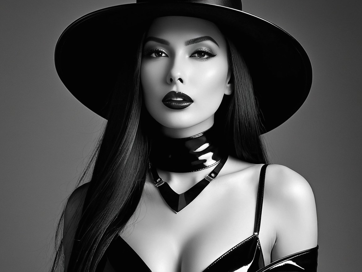 Black and White Portrait of a Woman in Hat and Choker