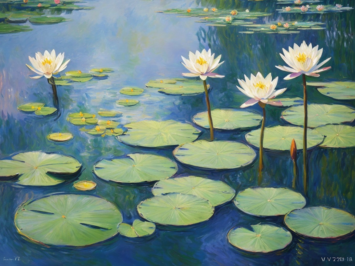 Water Lilies on a Tranquil Blue Pond Scene