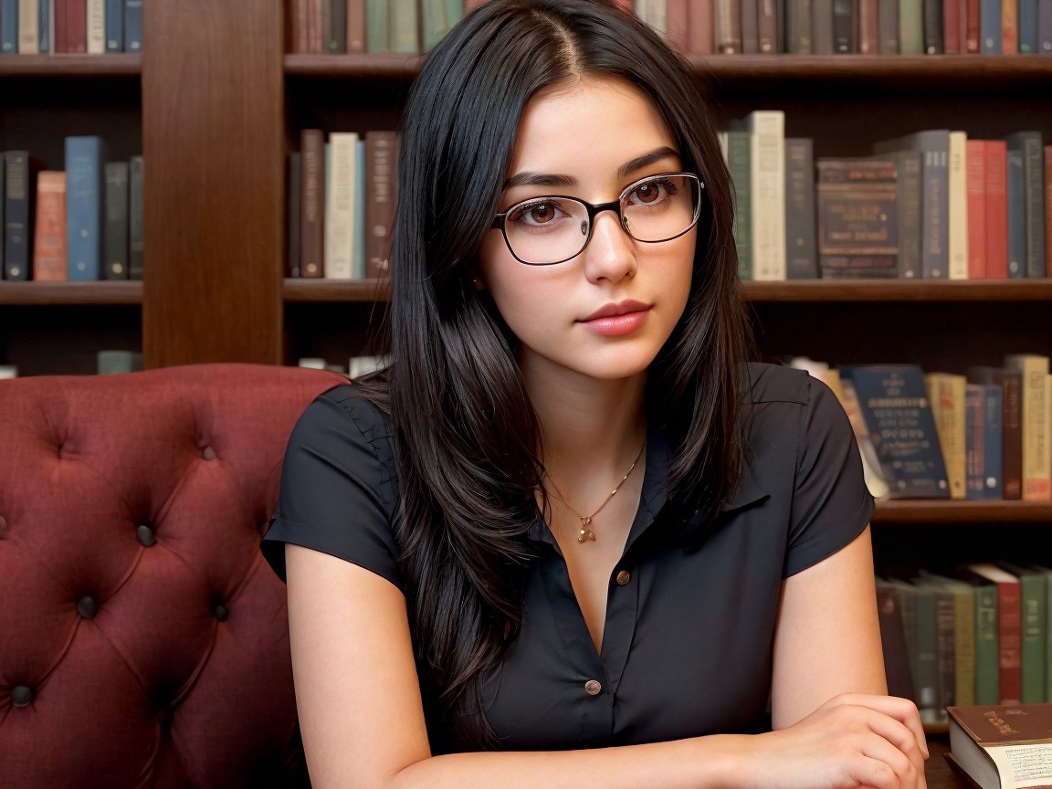 Young woman in library with books and thoughtful expression