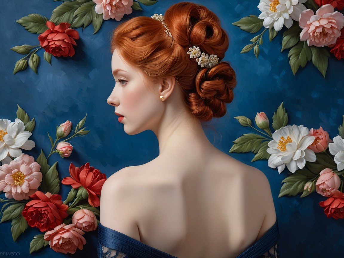 Young Woman with Red Hair in Floral Updo Portrait