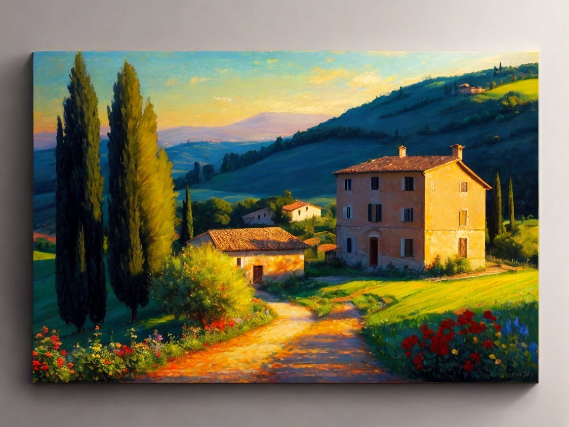 Charming Countryside Scene with Rustic Houses and Hills