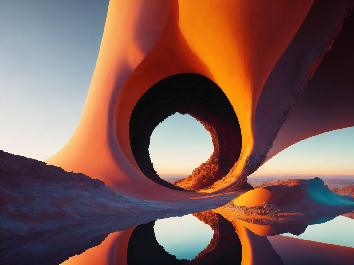 Surreal Landscape with Orange Rock Formations and Water