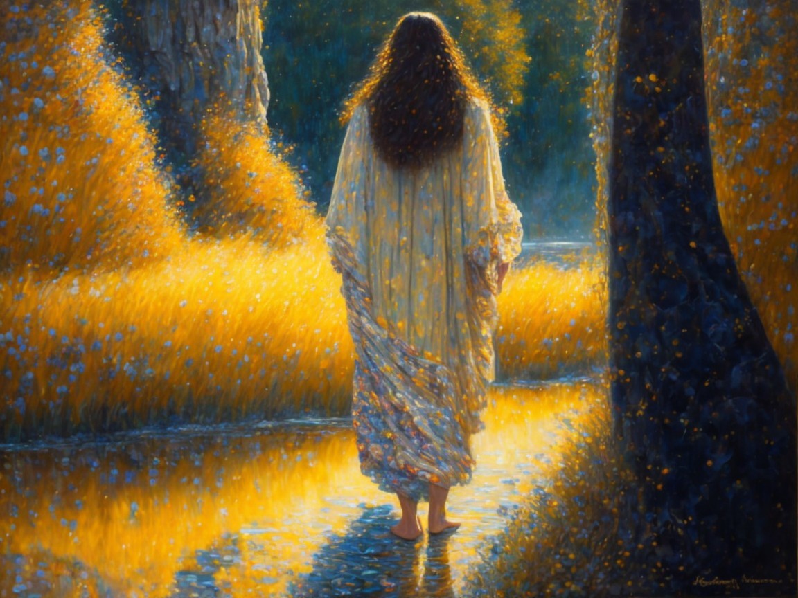 Woman in White Gown by Shimmering Riverbank at Sunset