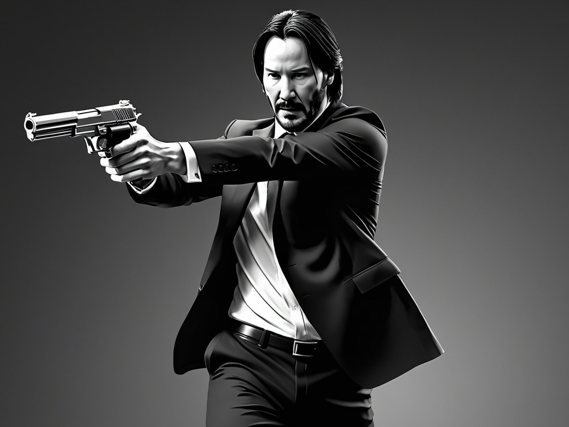 Stylish Figure in Black Suit Aiming Handgun in Action