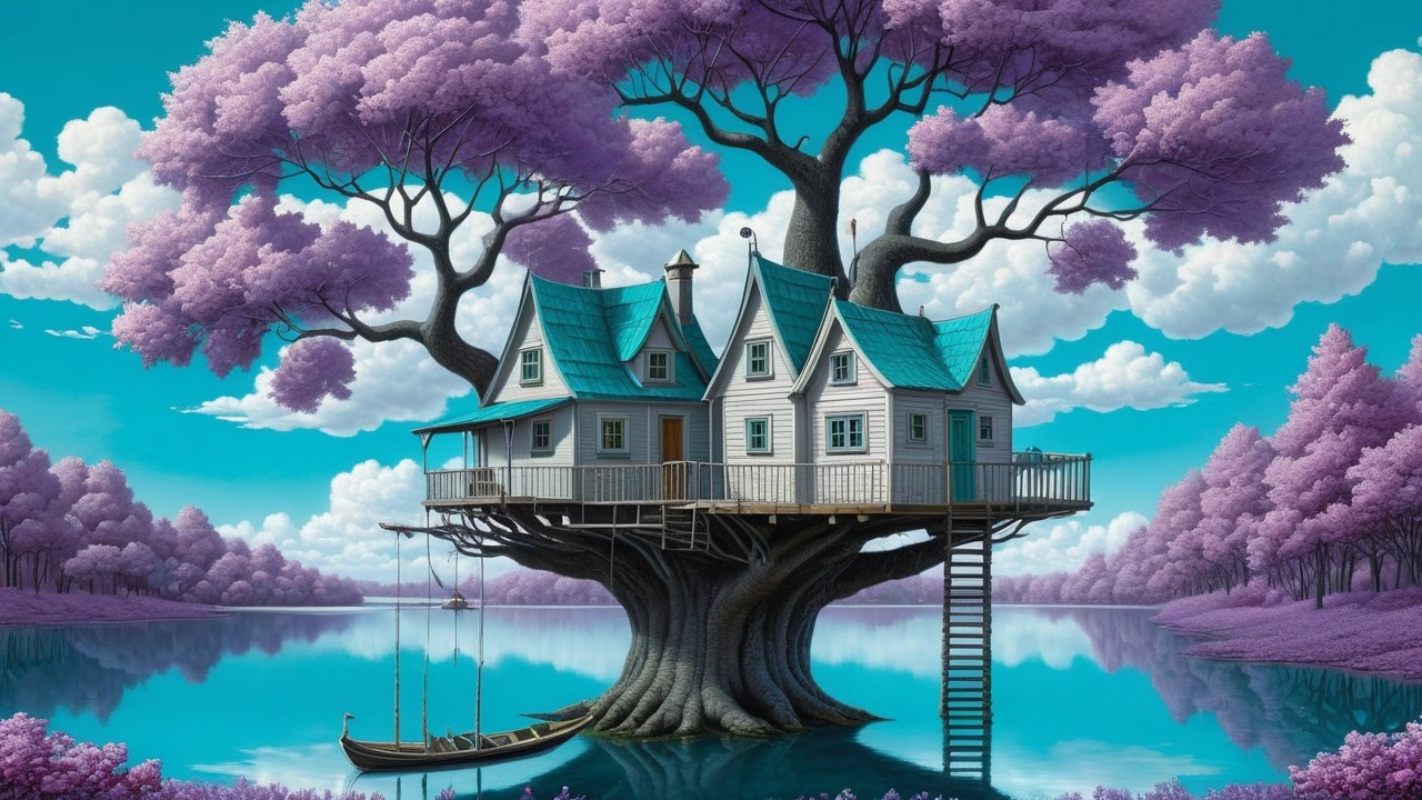 Whimsical Treehouse Among Purple Trees and Lake