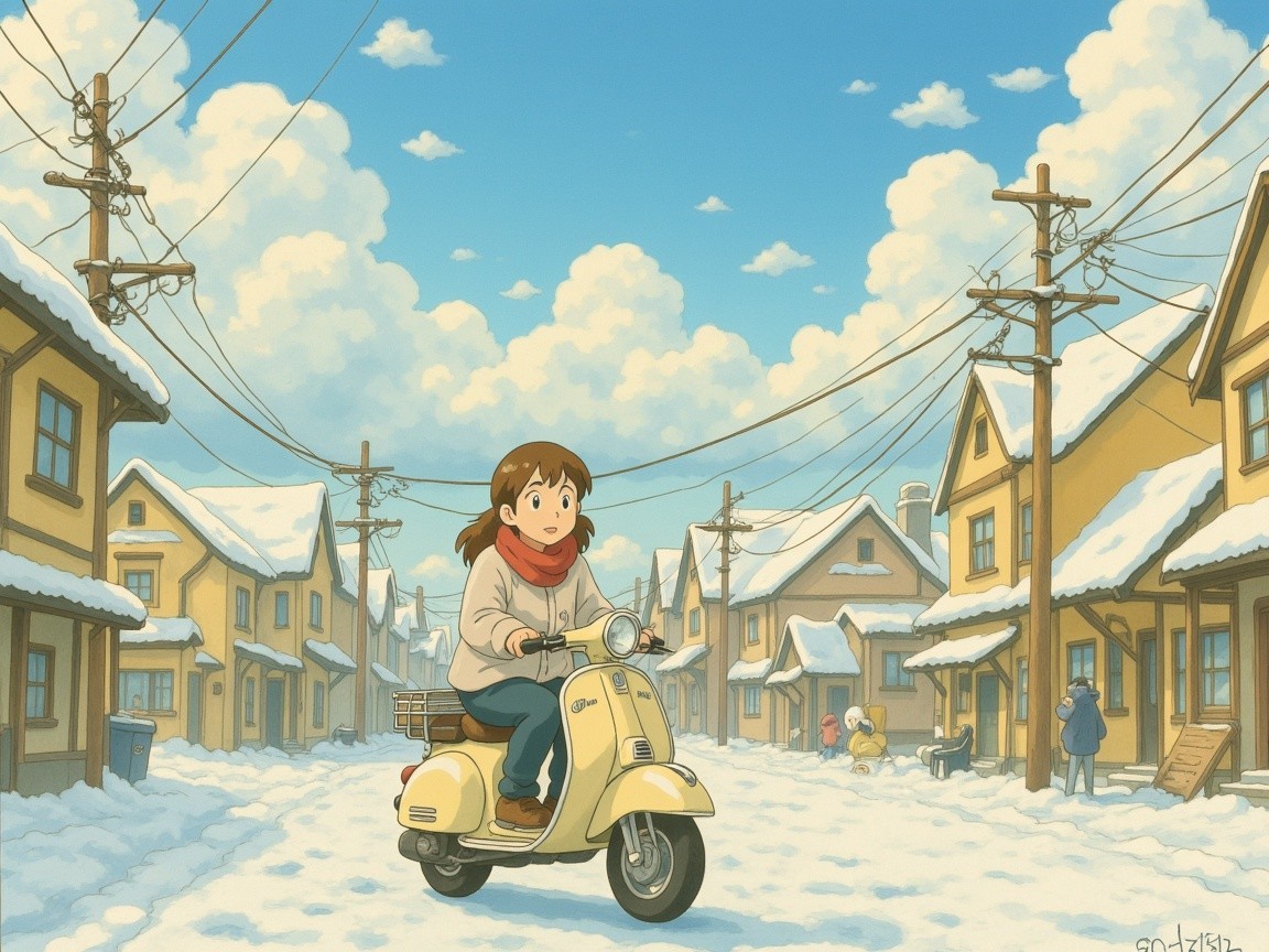Young girl on vintage scooter in snowy street scene