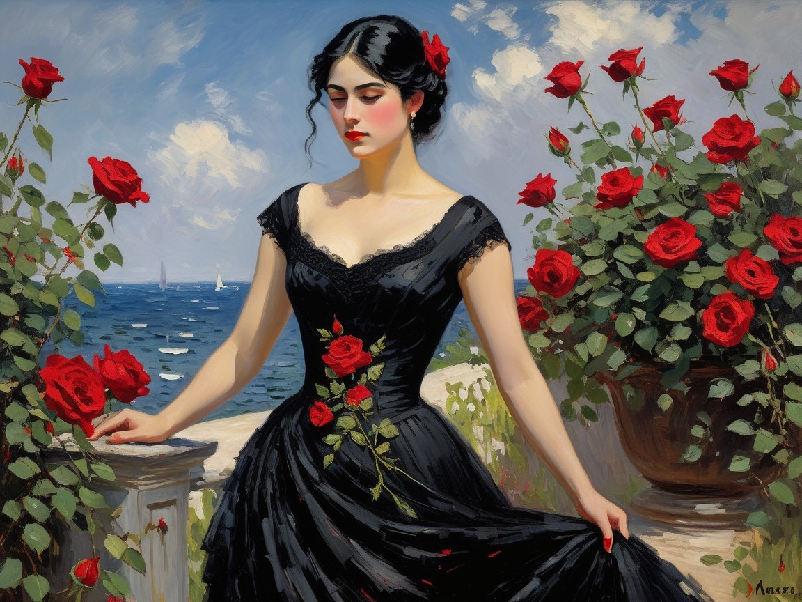 Serene Woman in Black Gown Among Red Roses