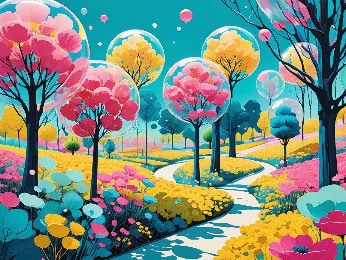 Vibrant Landscape with Whimsical Trees and Flowers
