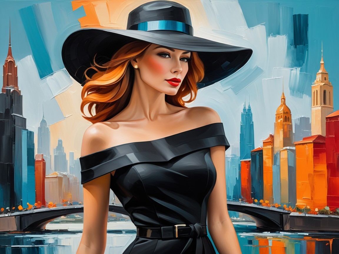 Fashionable Woman in Black Dress Against City Skyline