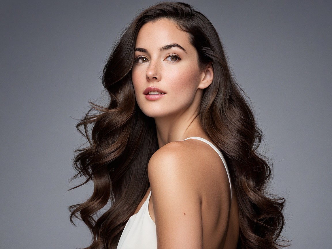 Young woman with dark brown hair and radiant complexion