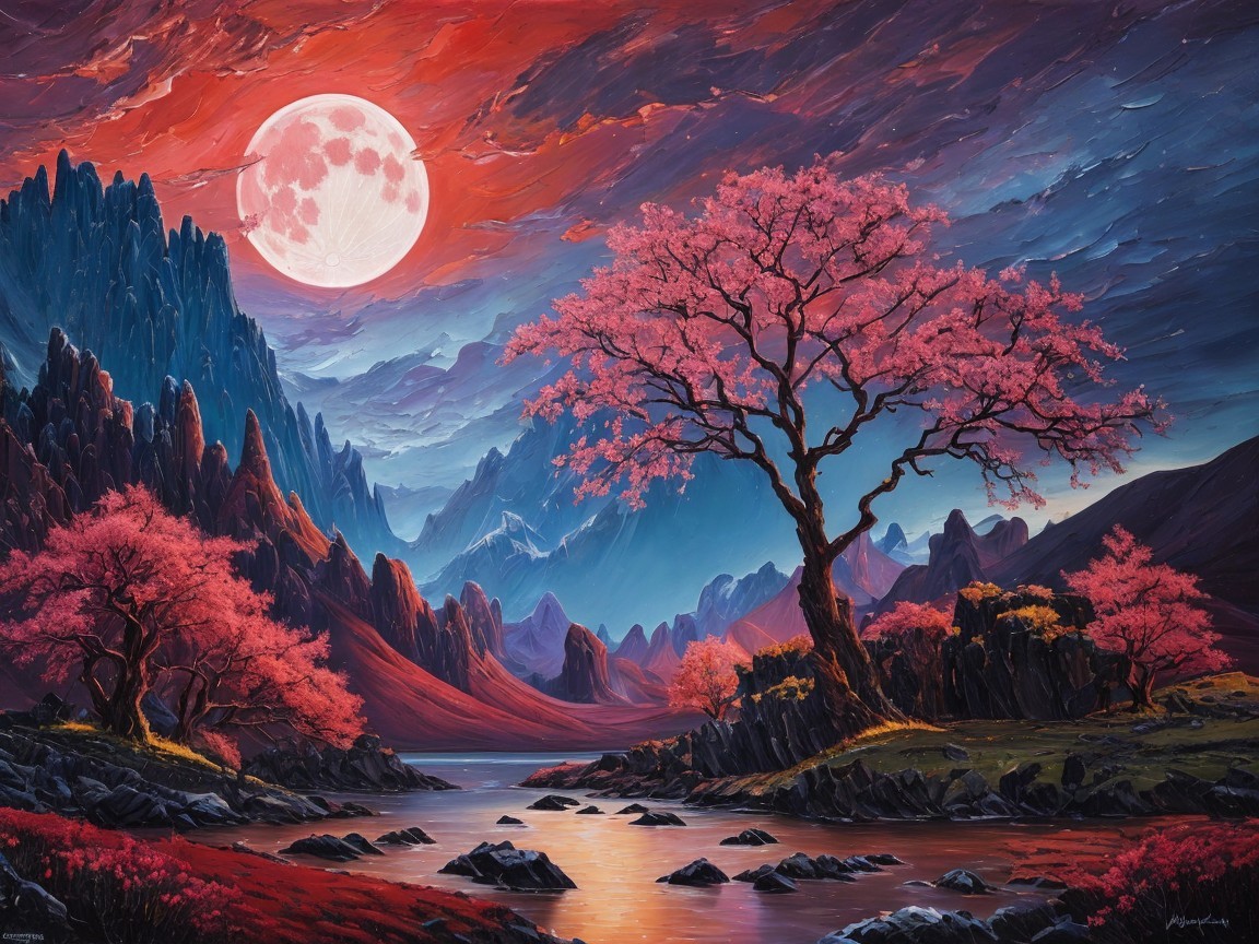 Vibrant Landscape with River, Moon, and Cherry Blossoms