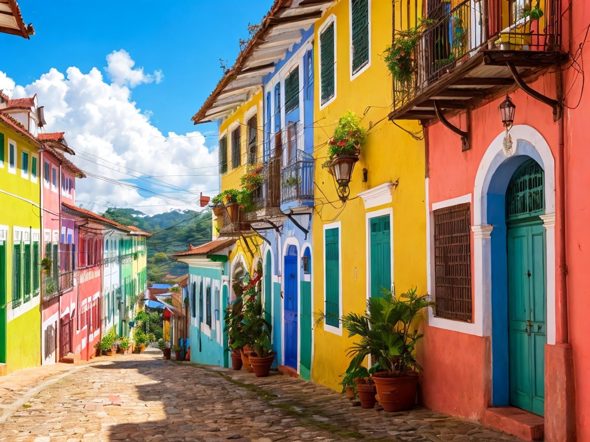 Vibrant Street with Colorful Buildings and Cobblestones
