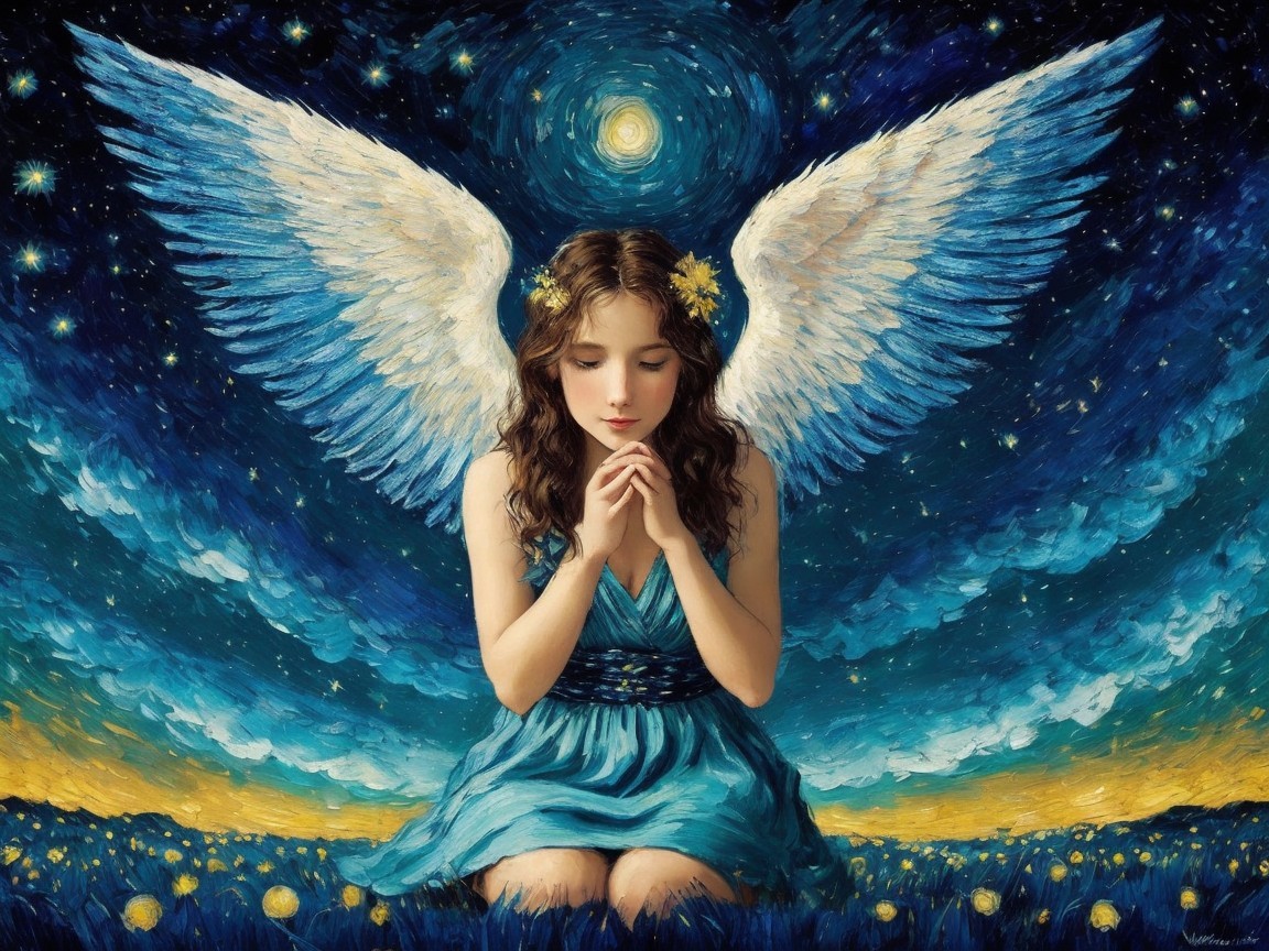 Serene Figure in Blue Dress with White Wings at Night