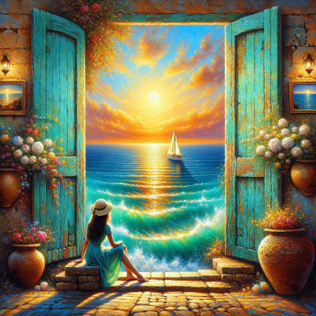 Young Woman at Doorway with Sunset and Ocean View